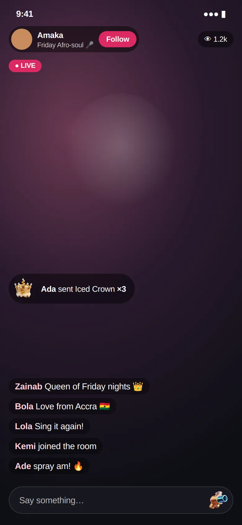 A Social Live room with chat and a gift banner